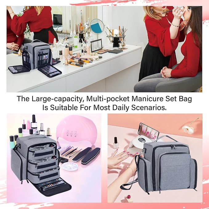 Nail Polish Organizer Case Hold 90 Bottles with 3 Detachable Bag,Grey | Portable Travel Storage Box Designed for Women's Nail Tools, Essential Oils and Cosmetics Sets - Image 7