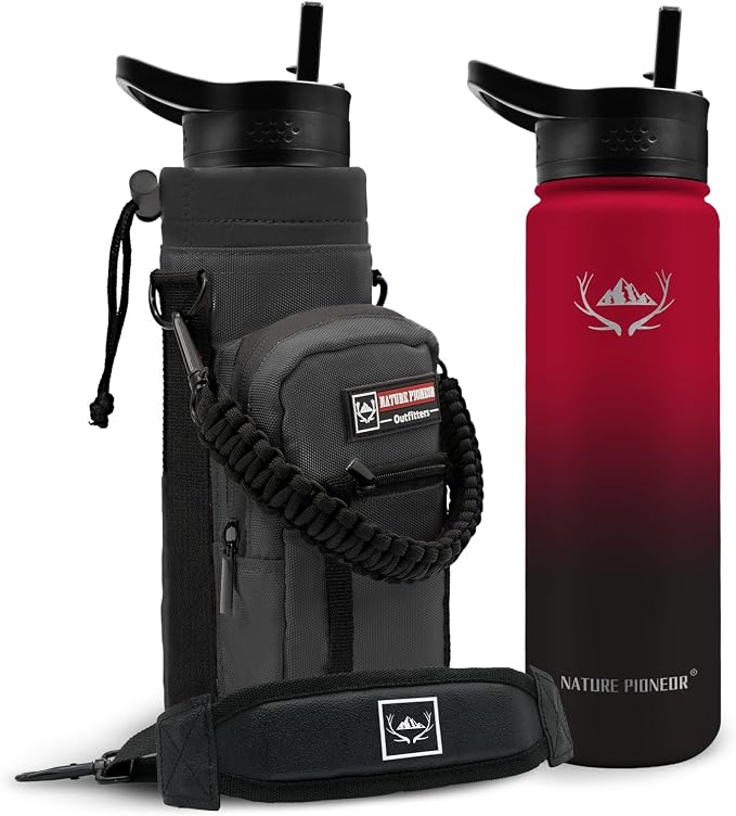 NATURE PIONEOR 24 oz Insulated Water Bottle with Carrier Bag & 3 Lids | 18/8 Food-grade Stainless Steel, Double Vacuum Insulation, 3 Leak-proof Lids, Strap, Camping, Hiking, Gym, Work by NATUREPIONEOR