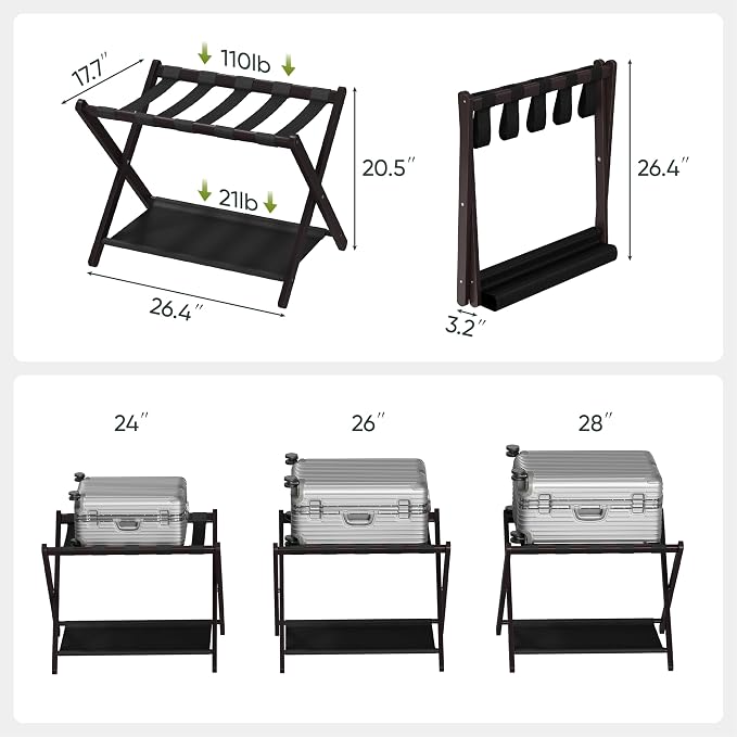 Smart FENDEE Luggage Rack, Folding Luggage Rack for Guest Room, Brown Bamboo Suitcase Stand Holds up to 131 lb, Luggage Stand with Storage Shelf for Hotel, Bedroom (1 Pack) - Image 3
