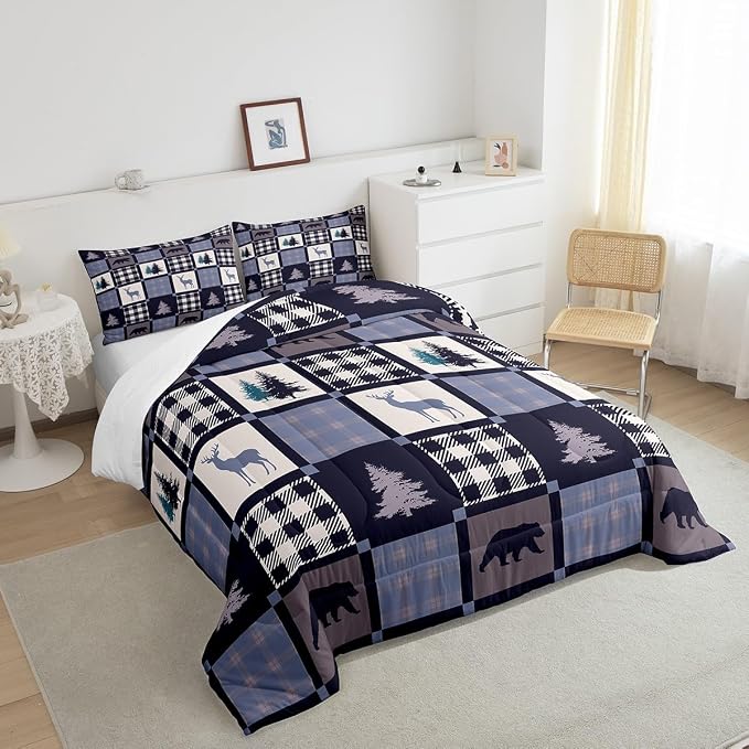 Hunting Animal Comforter Set for Youth,Rustic Bear Deer Patchwork Bedding Set Lodge Decor,Vintage Farmhouse Wildlife Down Comforter Twin,Geometric Grid Check Quilted Comforter with 1 Pillowcase - Image 5