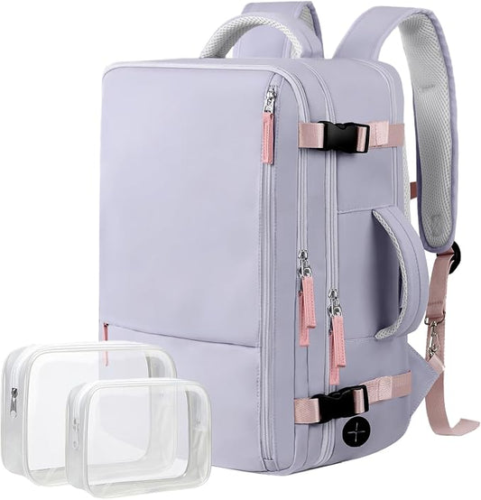 Hanples Travel Backpack for Women, 17 Inch Waterproof Laptop Backpack | 35L Carry on Backpack, TSA Flight Approved Anti Theft Travel Bag, Casual Daypack with 2 Toiletry Bags for Trips, Gray Purple by Hanples