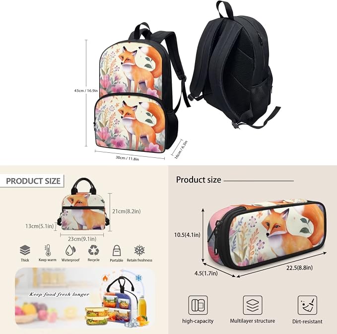 Cartoon Illustration Style Floral Fox Backpack with Lunch Box and Pencil Case Girls Comfy Padded Cute School Backpack Set of 3 Bookbag for Student Lightweight Large Capacity Daypack - Image 4