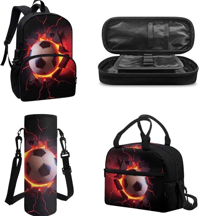Custom Personalize Boys Backpack Football Backpack Fire Football Bookbag with Insulated Lunch Box Pencil Case Water Bottle Holder Bag 4 Pack Preschool Bookbag with Kids Name - Image 3