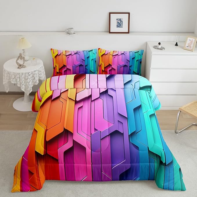 Erosebridal Rainbow Comforter Set Geometric Stripes Duvet Sets for Kids Girls Teens Women Bedroom, Soft Microfiber Down Comforter Luxury All-Season Bedding Set 2 Pcs with 1 Pillow Case, Twin Size - Image 2