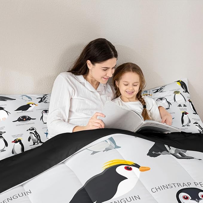 Erosebridal Penguin Comforter Set King Size,Black White Penguins Bedding Set Cute Animal Down Comforter for Kids Boys Girls Teens,Wildlife Grey Bedding Quilted Sets with 2 Pillow Cases Bedroom Decor - Image 4