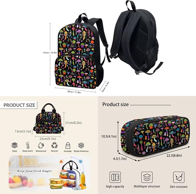 Mushroom Backpack Set for Girls Kids Lightweight Cute School Backpack with Lunch Box Pencil Case Adjustable Strap Padded Book Bag Insulated Lunch Bag - Image 4