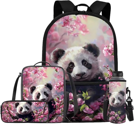 Cherry Blossom Panda Backpack for Girls Kids Backpack with Lunch Box Water Bottle Carrier and Aesthetic Pencil Case 4PCS Set Bookbag with Front Pocket for School 17 inch Large School Bag by ELEDIZI