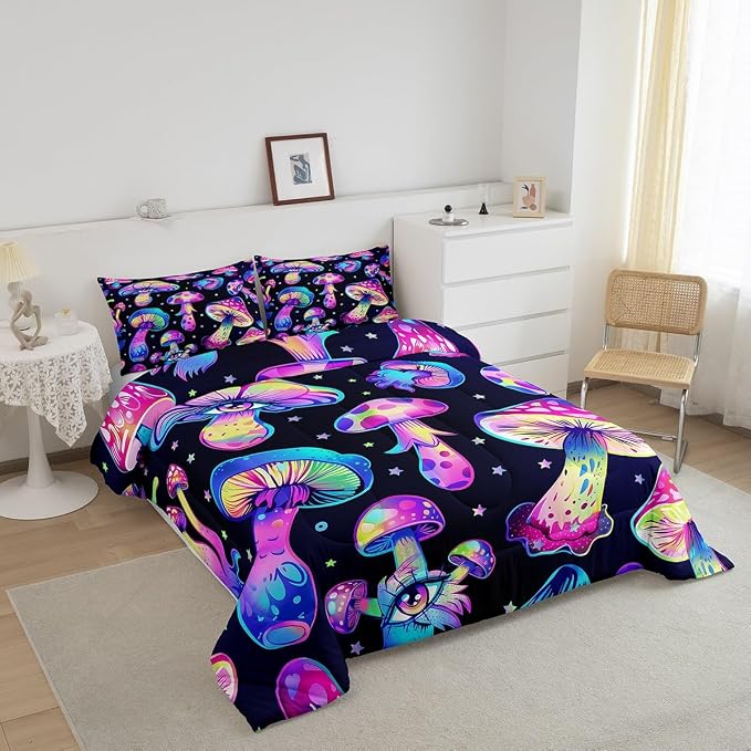 Mushroom Comforter Set King,Kawaii Trippy Botanical Bedding Set Psychedelic Plant Down Comforter for Kids Girls Teens Women Cartoon Cute Mushroom Room Decor Quilt Duvet Set with 2 Pillow Cases Black - Image 2