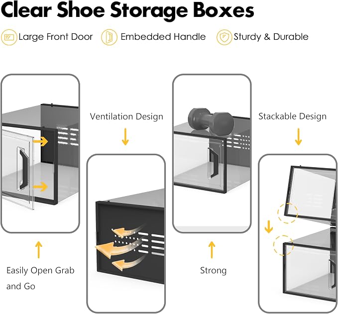 SEE SPRING X-Large Shoe Storage Box Fit Size 11, Clear Plastic Stackable Shoe Organizer for Closet, Space Saving Sneaker Shoe Rack Containers Bins Holders for Entryway, Under Bed, 12 Pack Black - Image 4