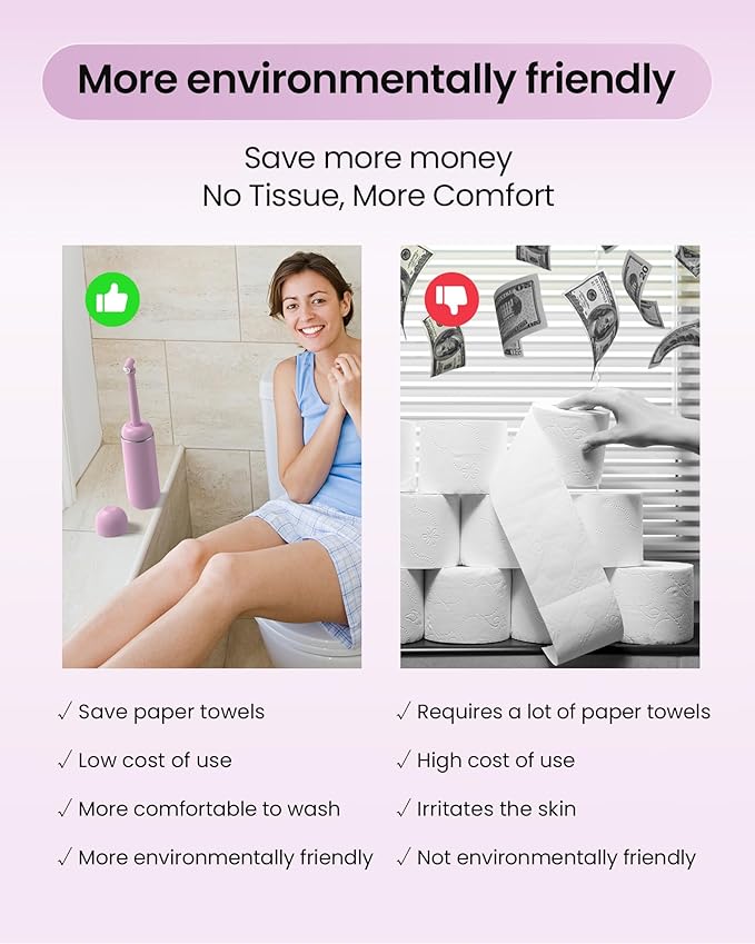 Portable Bidet for Travel & Camping - Manual Squeeze Handheld Peri Bottle for Feminine Hygiene, 3 Leak-Proof Seals, Extendable Sprayer with Rotating Nozzle for Men & Women (Light Purple, General)