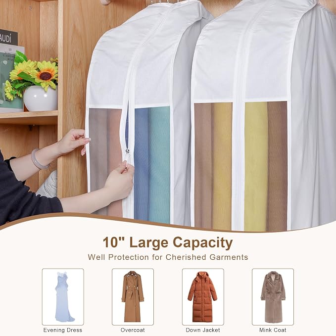 60" Premium Cotton Garment Bag for Hanging Clothes and Storage, Breathable Dress Bags for Gowns with Extra Large 10" Gusseted & Clear Window, Dust Cover with Zipper for Long Dresses, 3 Pack - Image 5