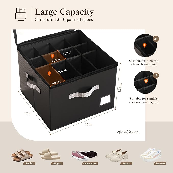 Criusia Shoe Organizer for Closet, Foldable Shoe Storage Organizer with Clear Cover and Sturdy Handles, Fit 12-16 Pairs, Closet Organizer for Shoes Sneakers Sandals Heels, 2 Pack, Black - Image 3