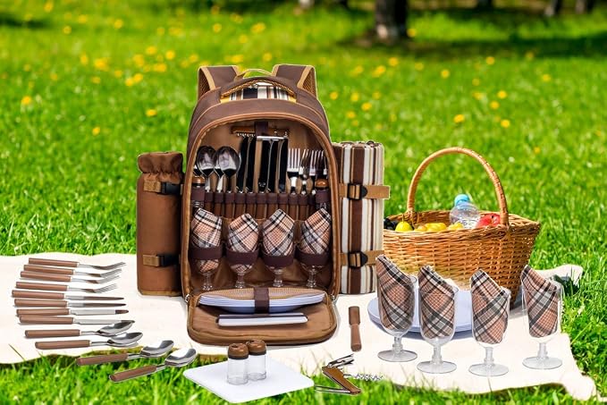 Apollo Walker Picnic Backpack Bag for 4 Person with Cooler Compartment,Wine Bag, Picnic Blanket(45"x53"),Best for Family and Lovers Gifts (Brown) - Image 8