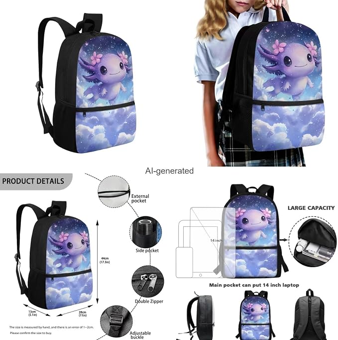 Galaxy Axolotl Backpack for Girls Kids Backpack with Lunch Box Water Bottle Carrier and Big Pencil Case 4PCS Set Bookbag with Front Pocket for School 17 inch Lightweight Elementary School Bag - Image 3