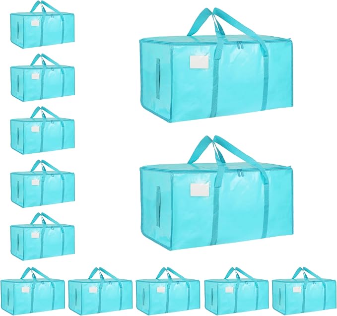 12 Pack-Extra Large Heavy Duty Moving Bags - Waterproof Storage Totes with Handles & Zippers, Foldable for College Dorm, Storage (lake blue) by Unknown