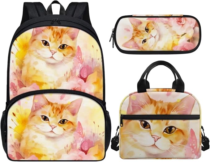 Lovely Floral Cat Backpack with Lunch Box and Pencil Case Girls Comfy Padded Cute School Backpack Set of 3 Bookbag for Student Lightweight Large Capacity Daypack - Image 2