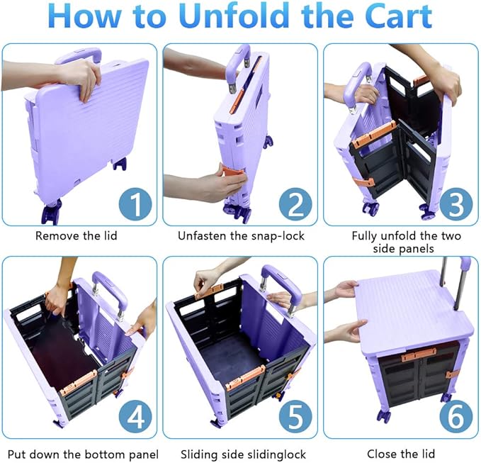 FELICON SELORSS Foldable Utility Cart Folding Portable Rolling Crate-Purple | Durable,Heavy Duty,Plastic Box,Telescoping Handle,4 Rotate Wheels,Collapsible Handcart for Travel Shop Move Luggage Office - Image 4