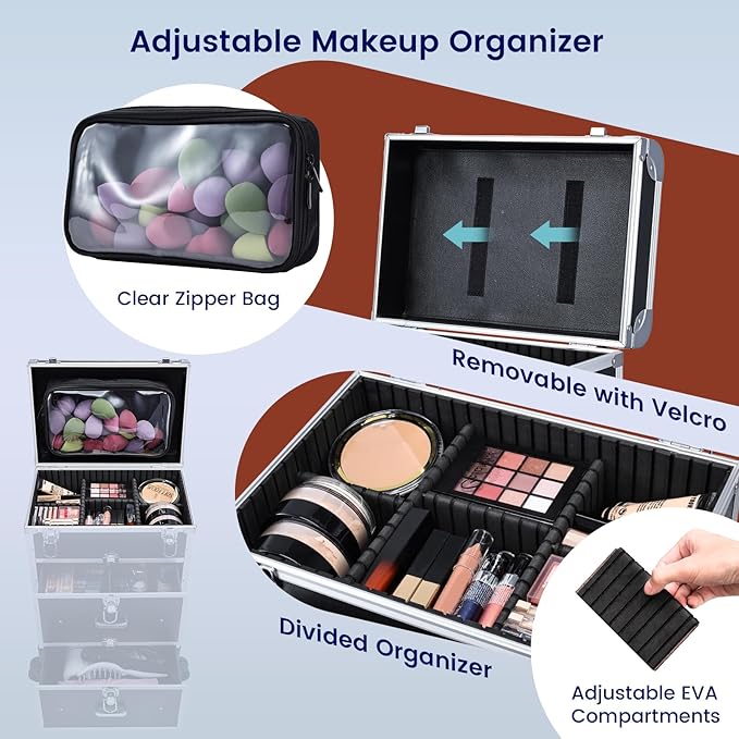 Professional Rolling Makeup Train Case with Drawers, Large Cosmetic Trolley with Locks, Cosmetics Storage Organizer Make up Case for Travel Makeup/Nail Art/Hair Styling, Matte Black - Image 3