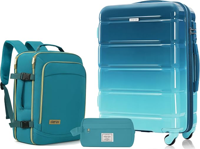 Hardshell Luggage Sets, Lightweight Stripes Suitcases with Spinner Wheels, Blue 24 by Merax
