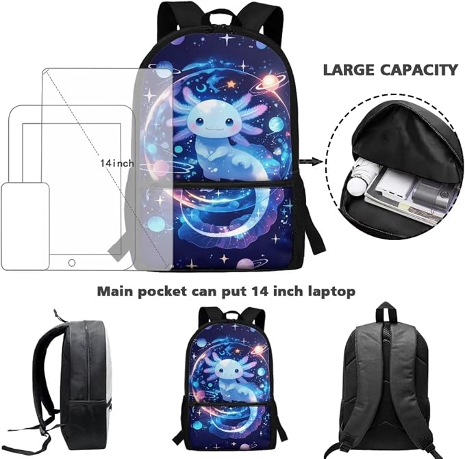 Axolotl Backpack with Lunchbox Kids Space School Bag and Lunch Bag Set for Boys 6-8 Large Capacity Bookbag/Lunch Box/Pencil Case/Water Bottle Holder, 4 Piece Solar System Planet Backpacks - Image 4