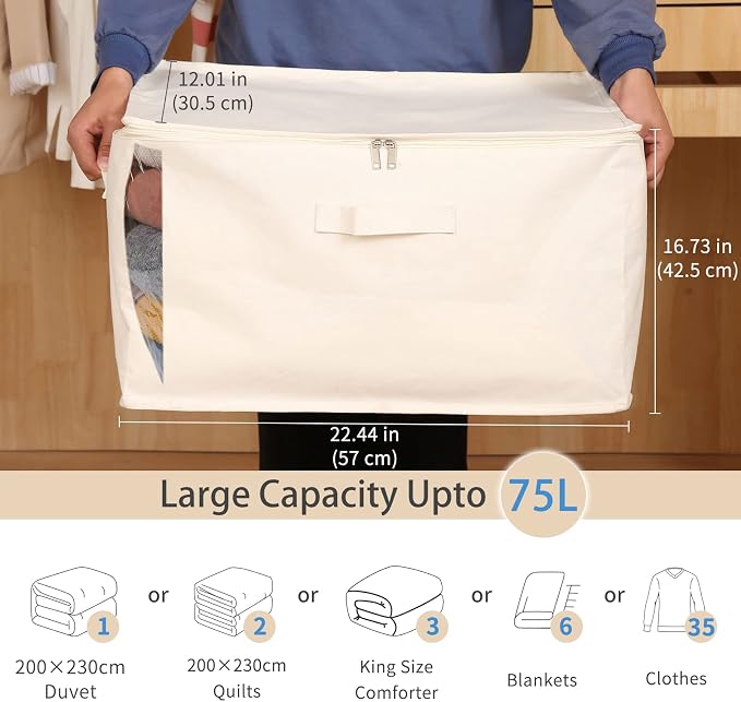 Canvas Comforters Bags Closet Organizers and Storage for Quilts Clothes Organization Containers Bins with Sturdy Zipper, Clear Window 75L for Sweaters Blankets Storage Bedroom Collapsible - Image 2