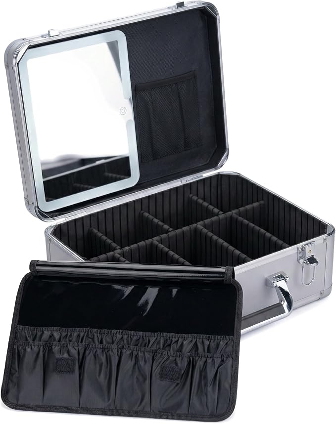 CHENGLIN Extra Large 15 inches Makeup Case with Lighted Mirror – Cosmetic Organizer with Adjustable Dividers, Magnetic LED Mirror, Portable Makeup Suitcase for Women (Silver) by Unknown