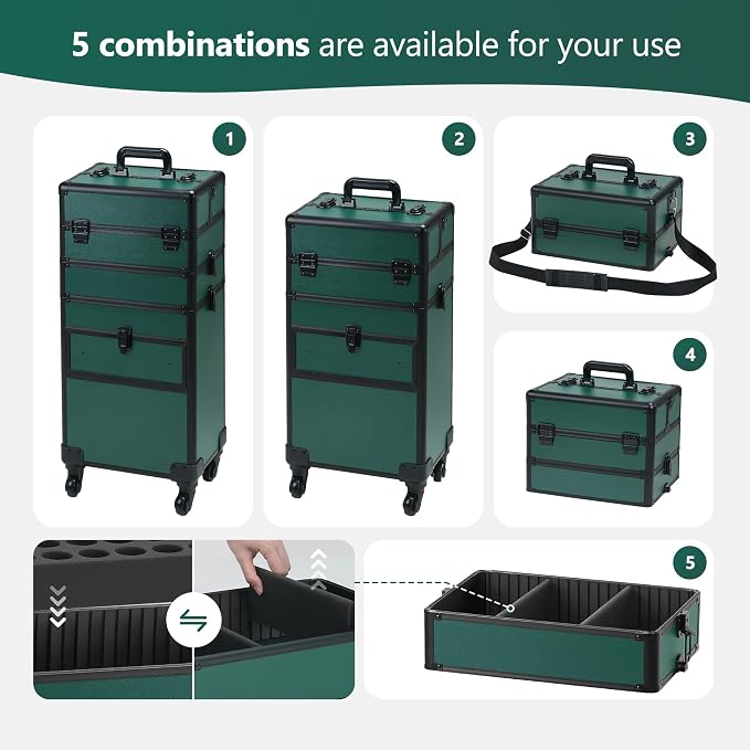 Somduy Rolling Makeup Case with Drawer, Makeup Train Case, 4 in 1Cosmetology Case on Wheels, Christmas Gift, Large Makeup Case Organizers, Profesional Cosmetic Case for Salon Barber, Green - Image 3
