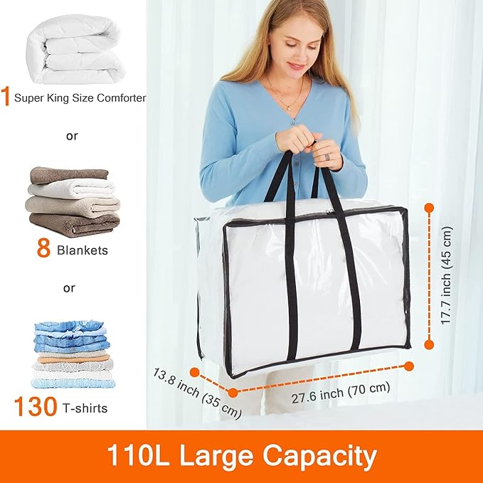 Vieshful 5 Pack Clear Comforter Storage Bag, 110L Over-Sized Clothes Storage Bag with Zipper Closet Organizer, Plastic Storage Containers Moving bags for Comforter, Blanket, Bedding, Duvet, Toys - Image 2