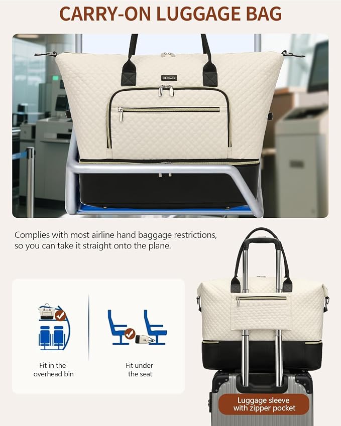 Weekender Bags for Women Travel, Under Seat Carry On Bags for Airplanes Overnight Bag with Shoe Compartment Luggage Sleeve, Foldie Travel Tote Bag Hospital Bag, Travel Gifts, White Black - Image 7
