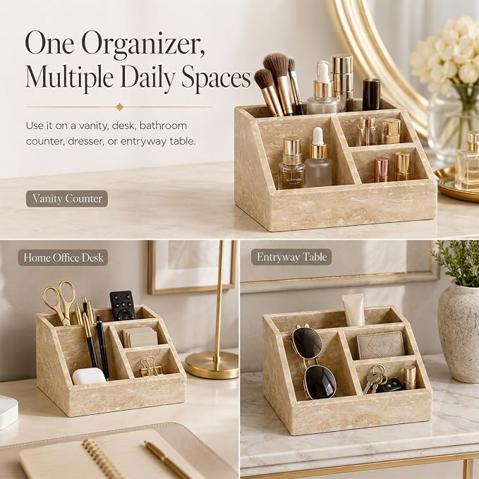 Travertine 4-Compartment Desk Organizer, Beige | Natural travertine with 4 compartments for pens, makeup brushes, skincare bottles, office supplies and vanity items - Image 7