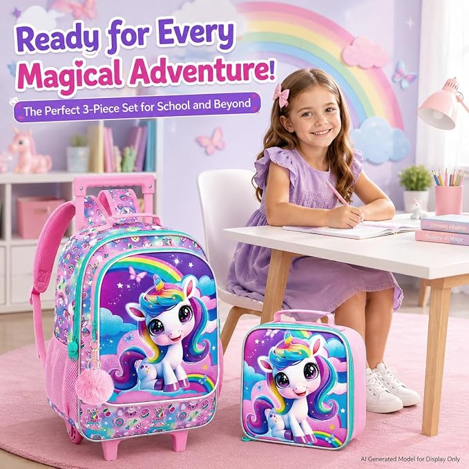 HPJGD 3PCS Unicorn Rolling Backpack for Girls, Kids School Backpacks with Wheels, Water Resistant UV Printed Roller Wheeled Bookbag Set - Image 8