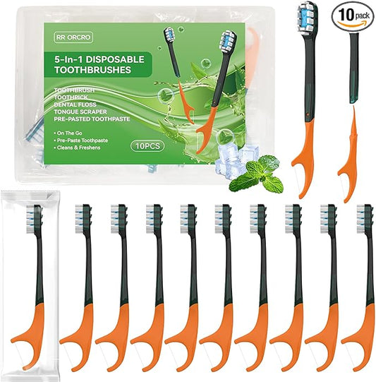 10Pack Disposable Toothbrush with Pre-Pasted Toothpaste 5-in-1 Mini Travel Toothbrush Deep Clean with Toothpick, Flosser, Tongue Scraper for Superior Oral Hygiene, Individually Wrapped