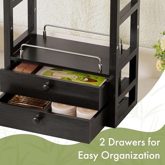 AmazerBath Bamboo Bathroom Countertop Organizer, 2-Tier Makeup Organizer with 2 Drawers, Vanity Organizer Storage Coffee Matcha Station, Compact Shelf for Bathroom Kitchen Office, Black - Image 5