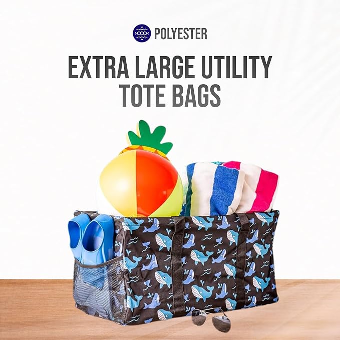 Extra Large Utility Tote Bag - Oversized Collapsible Reusable Wire Frame Rectangular Canvas Basket With Two Exterior Pockets For Beach, Pool, Laundry, Car Trunk, Storage - Whale - Image 7