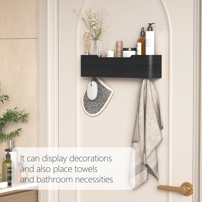 Coat Rack Wall Mount with Shelf 4 Hidden Hooks Modern Wooden Key Holder Entryway Organizer for Hallway Bedroom Bathroom Home Decor Storage for Hanging Coats Hats Bags Towels, Black - Image 6