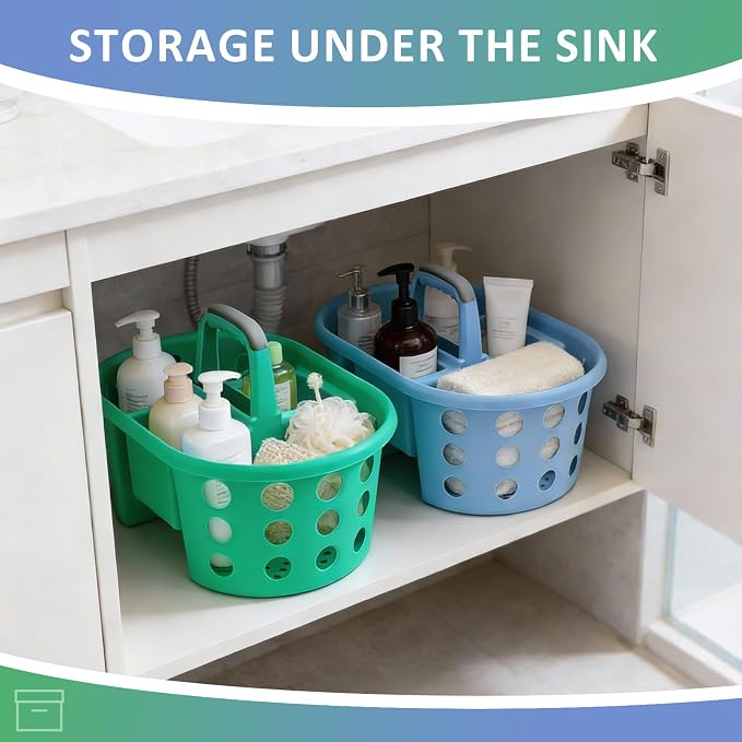 SIMPLYKLEEN Large Shower Caddy Portable 2PC - Made in USA Plastic Jumbo Size Dorm Storage Candy Tote with Handle Shower Organizer for Bathroom, Pantry, Kitchen, College Dorm, Green/Periwinkle - Image 7