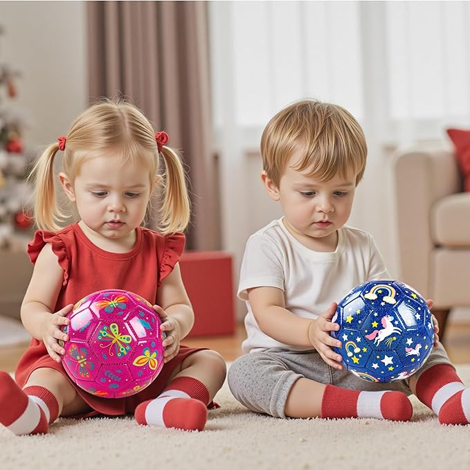 ZOOJOY Soccer Ball Size 2, 2 Pack Cartoon Ball with Pump Mesh Bag, Butterfly & Unicorn Toddler Girls Toys for 1 2 3 4 5 6 Years Old, Christmas Girls Boys Gifts for Indoor Outdoor Play Balls