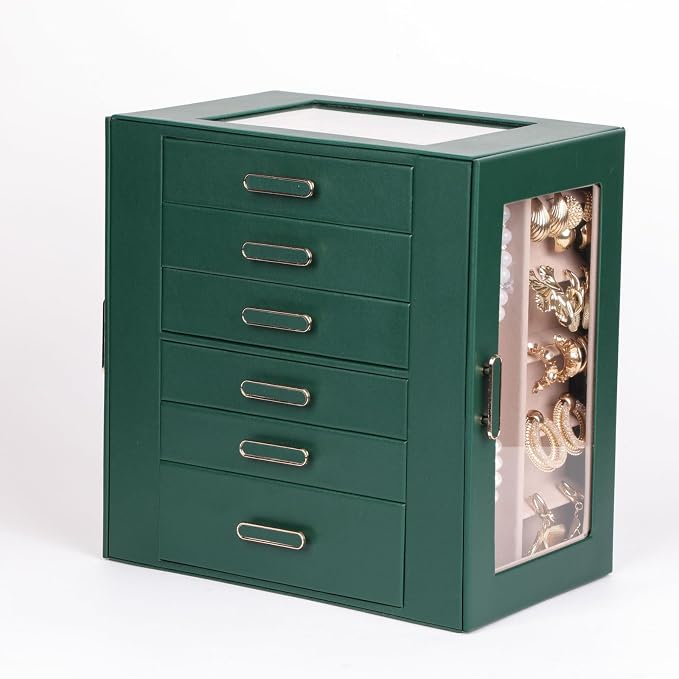 BOOVO Clear Lid Jewelry Box,3 Layers Jewelry Organizer Large Jewelry Storage Box with 2 Drawers,Jewelry Holder Organzier of Rings Earrings Necklace Bracelets for Women (Green, 6 Layer) by BOOVO