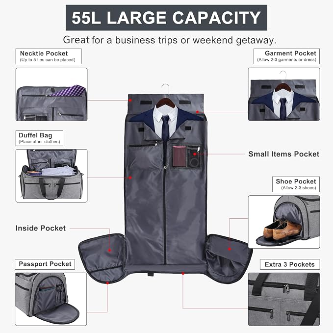 Bukere Carry on Garment Bag for Travel, Convertible Travel Duffel Suit Bag with Backpack Straps, Shoe Compartment, 3 in 1 Weekender Suit Bag for Men Women - Image 2
