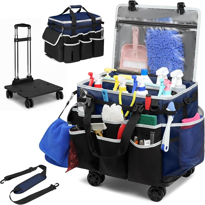 Large Rolling Cleaning Caddy Bag with Detachable Trolley, Full Support Plates for Professional Cleaning Supplies Bag, Organizer Bag with 4 Universal Wheels for Housekeepers, Car Wash (Blue) by RUCYEN