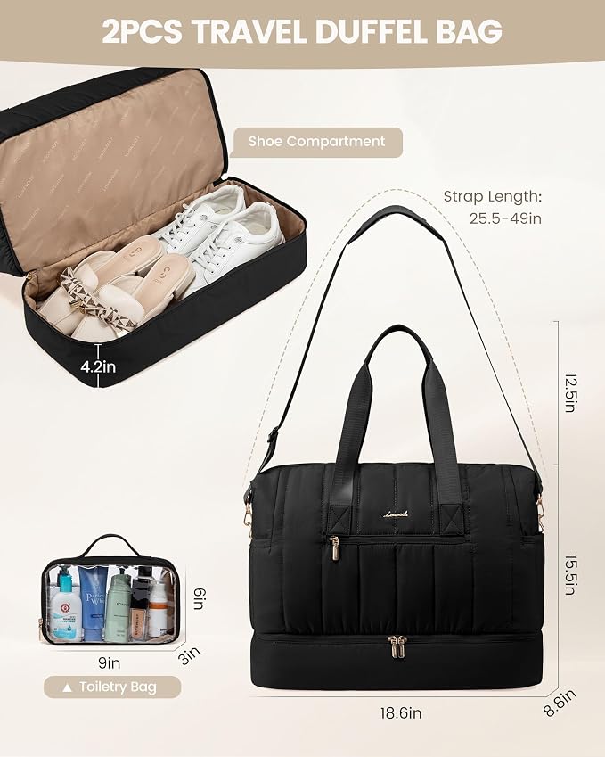 LOVEVOOK Travel Duffle Bag,Puffer Weekender Bags For Women with Shoe Compartment,42L Carry On Duffel Bags For Airplanes,Hospital Bag for Labor and Delivery,Overnight Bag With Toiltry Bag,2Pcs Set - Image 3