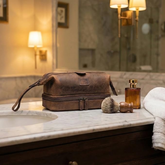 LEATHER VILLAGE Genuine Leather Dopp Kit – Large Travel Toiletry Bag with Waterproof Lining, Dual-Zip Design for Men & Women, Organizer for Shaving, Makeup & Essentials - Rustic Brown - Image 6