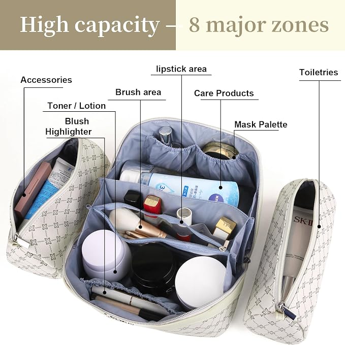 BOYATU Travel Makeup Bag Cosmetic Bags for Women: 3 Pcs Set Large Capacity Make up Bag with Handle - Vegan Leather Toiletry Bags with Compartments - Makeup Organizer for Travel Essentials(A-8-White) - Image 5