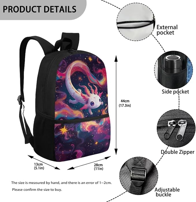 Axolotl Backpack for Boys 5Th Grade Galaxy Kids Backpack and Lunch Box Set 5 Piece Student Back to School Book Bag with Pencil Box Bottle Sleeve Bookmark - Image 3