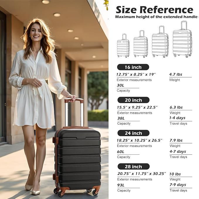 Coolife Luggage Set, Lightweight Durable Hardshell, 4 piece, Apricot Black | suitcase set with 360° Spinner Wheels, TSA-approved Lock, Checked Family Travel, 16/20/24/28 Inch - Image 7