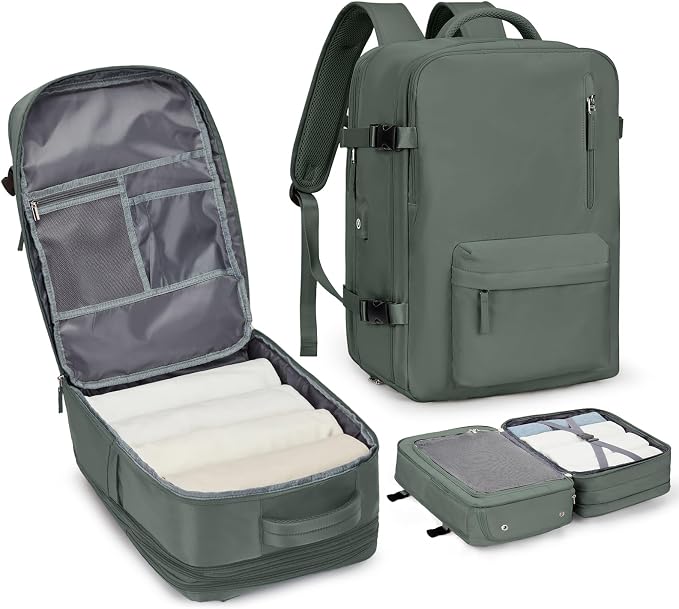 Large Travel Laptop Backpack, Expandable Flight Approved Backpack, Carry on Backpack for Women, Waterproof 17inch Laptop Hiking Backpack with Shoe Compartment, Dark Green by WONHOX