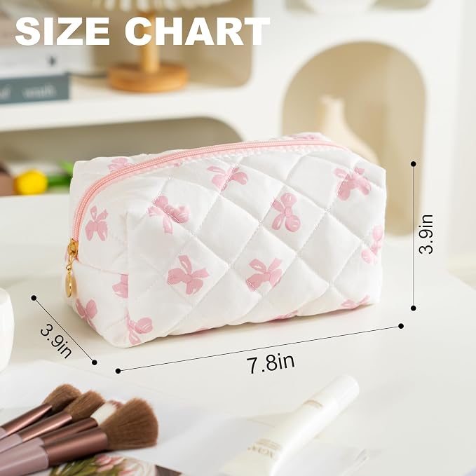 Makeup Bag Travel Toiletry Bag for Women, Small Cosmetic Bags Cute Quilted Cotton Makeup Pouch for Purse Emergency Bag Pencil Case Accessory Bag, Pink Bow - Image 3