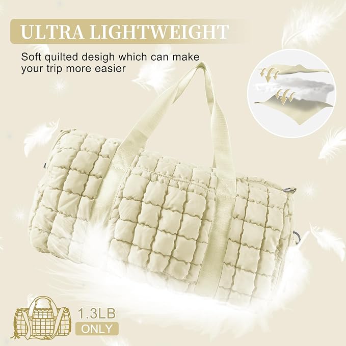 Quilted Travel Duffle Bag Gym Bag for Women,Large Puffer Duffle Weekender Bag with Compartment,Workout Overnight Carry on Organizer Bag Duffle Bag for Airplane Travel(Off-white) - Image 8