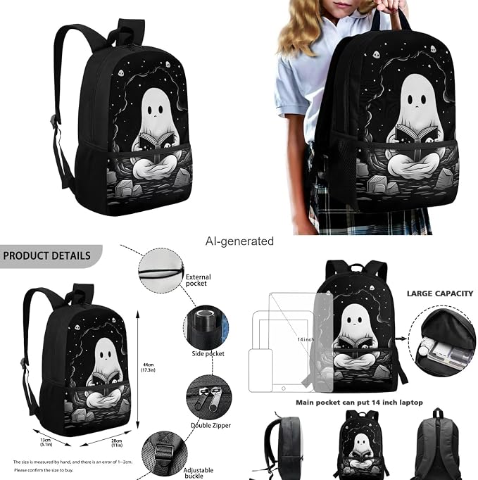 Ghost Backpack for Boys Girls Backpack with Lunch Box Water Bottle Holder and Soft Pencil Case 4PCS Set Bookbag with Front Pocket for School Teens 17 inch Large Capacity School Bag for Kids - Image 3