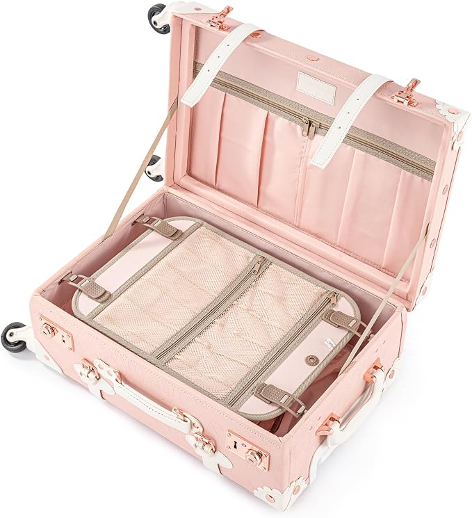 COTRUNKAGE Vintage Trunk Luggage Set Carry On Suitcase for Women (13" & 20", Embossed Pink) - Image 3